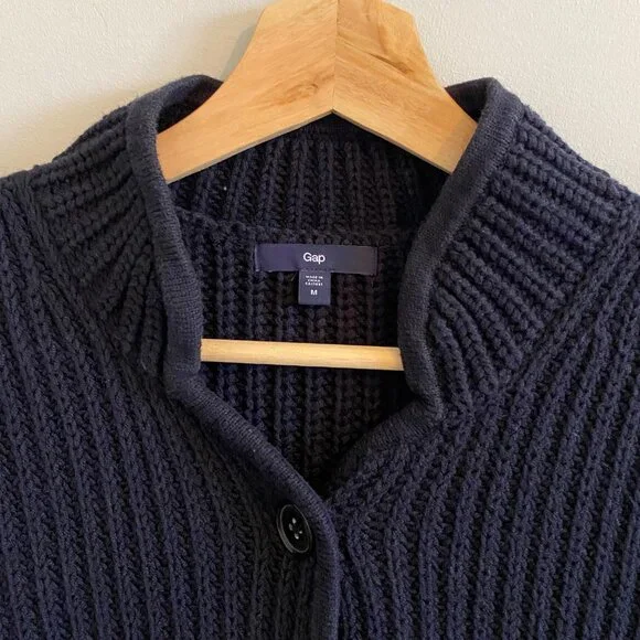 GAP Navy Marine Blue Cotton Chunky Knit Sweater Cardigan Jacket Ribbed Fisherman - Picture 2 of 9